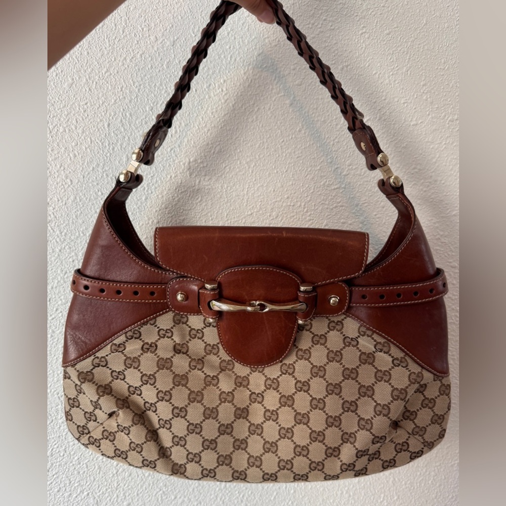 Gucci Monogram Horsebit Leather Canvas Brown Shoulder Bag